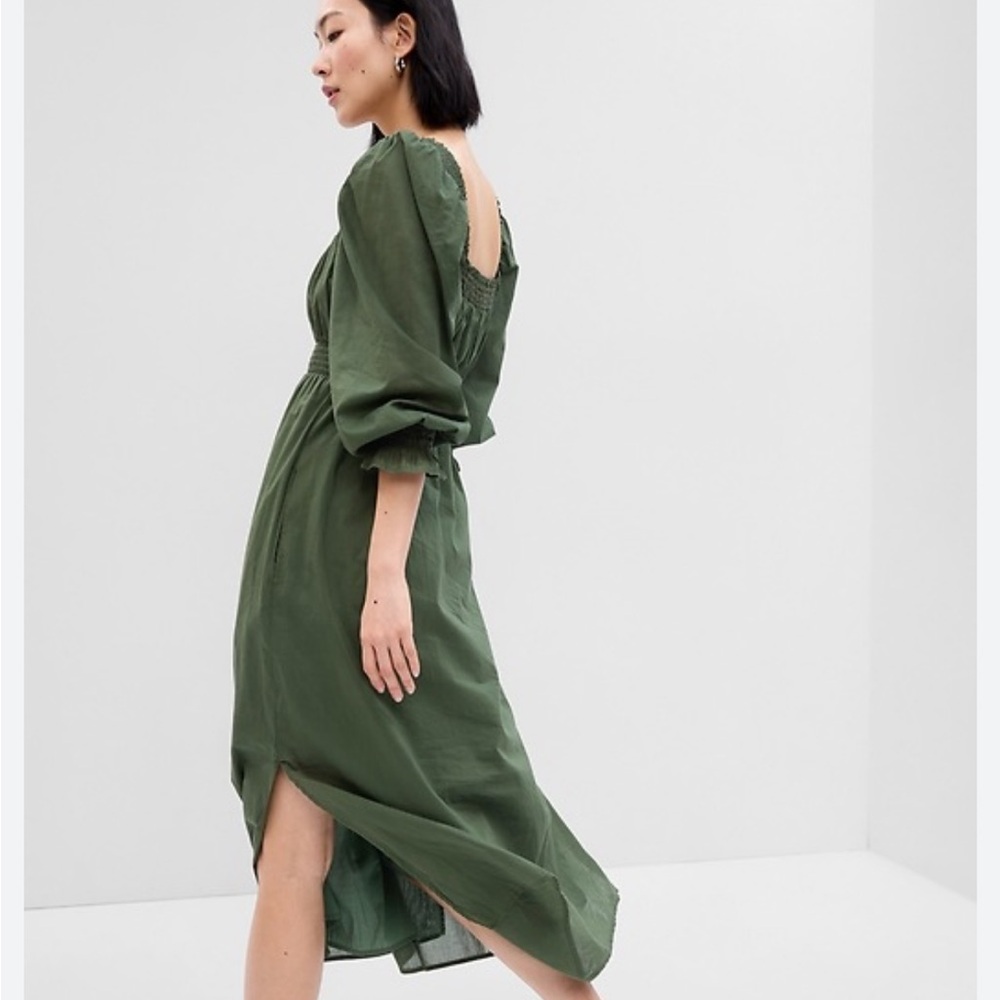 Gap Puff Sleeve Smocked Green Midi Dress - Picture 2 of 9